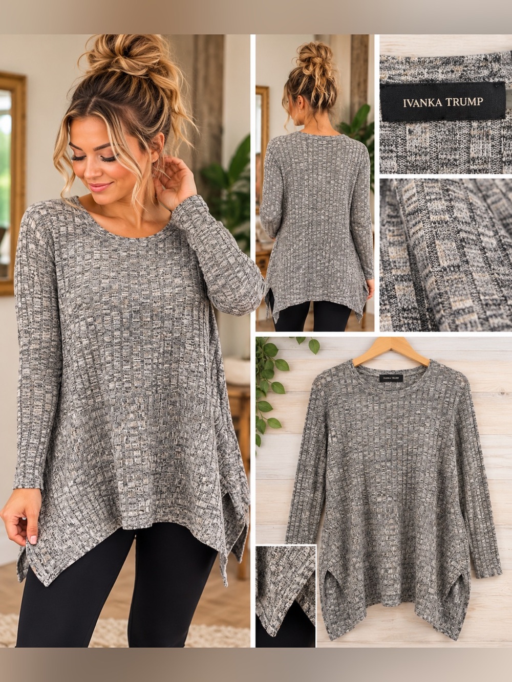 Ivanka Trump Gray Marled Knit Asymmetrical Tunic Sweater Long Sleeve